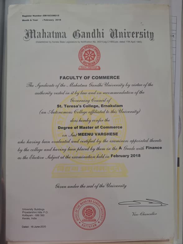 Verified degree or teaching certification of Meenu 