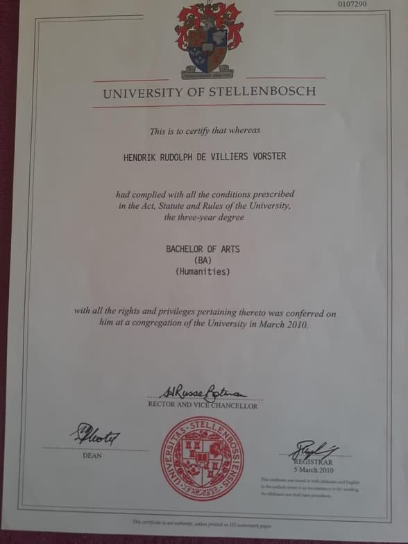 Verified degree or teaching certification of Derick 