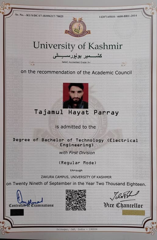 Verified degree or teaching certification of Tajamul  