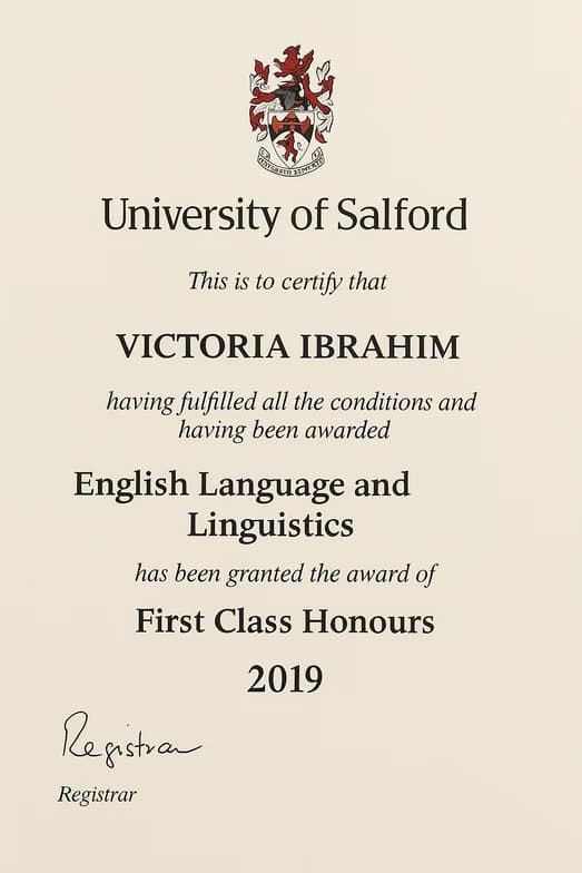 Verified degree or teaching certification of Victoria 