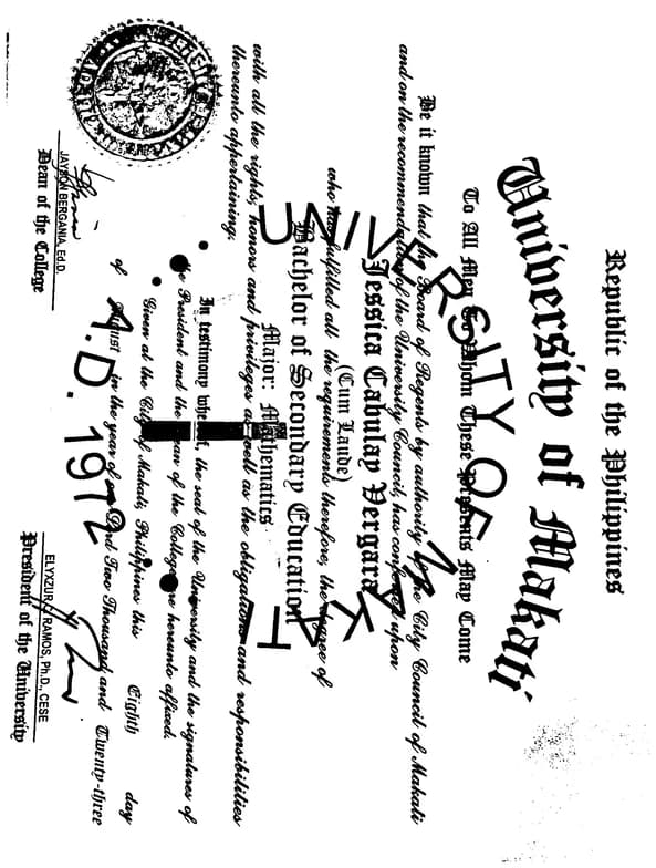 Verified degree or teaching certification of Jessica 