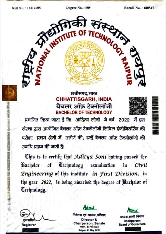 Verified degree or teaching certification of Aditya 