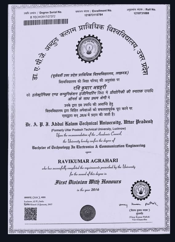 Verified degree or teaching certification of Ravi Kumar 