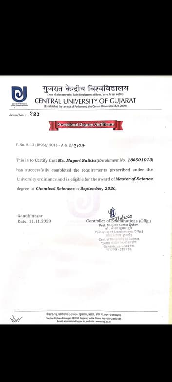 Verified degree or teaching certification of Mayuri 