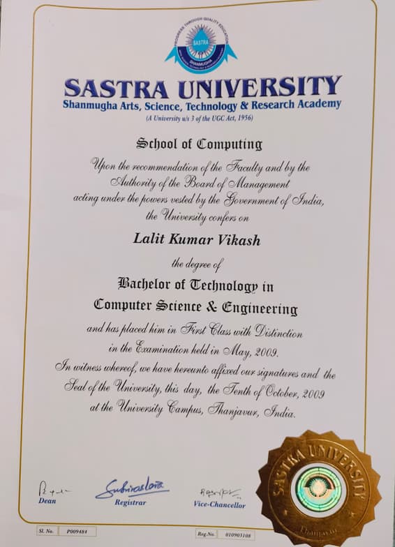 Verified degree or teaching certification of Lalit 