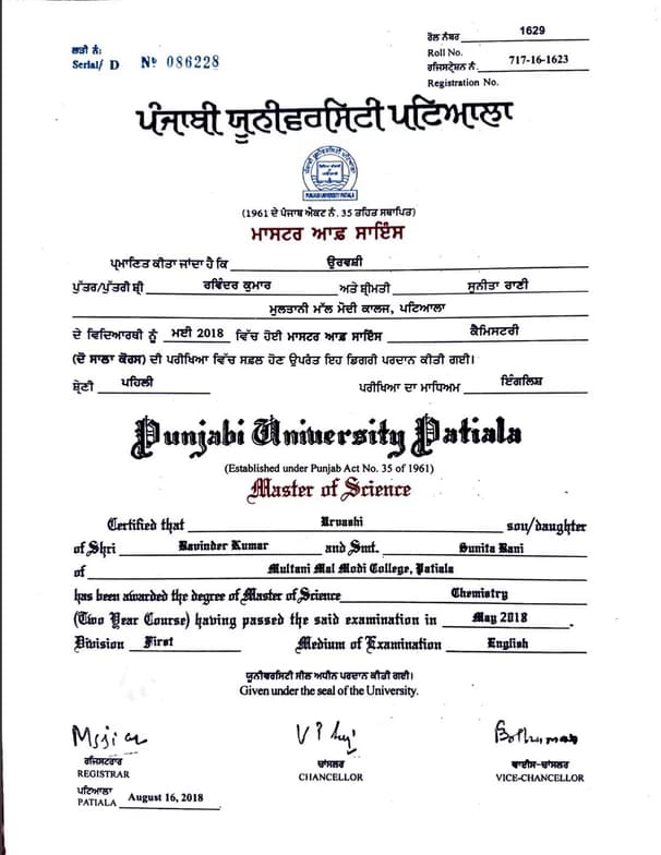 Verified degree or teaching certification of Urvashi  