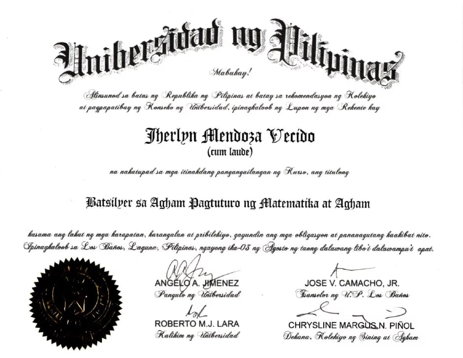 Verified degree or teaching certification of Jherlyn 