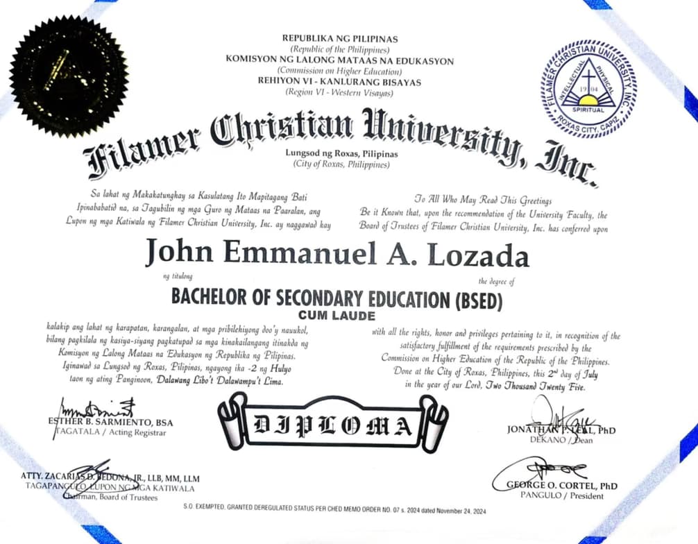 Verified degree or teaching certification of John Emmanuel  