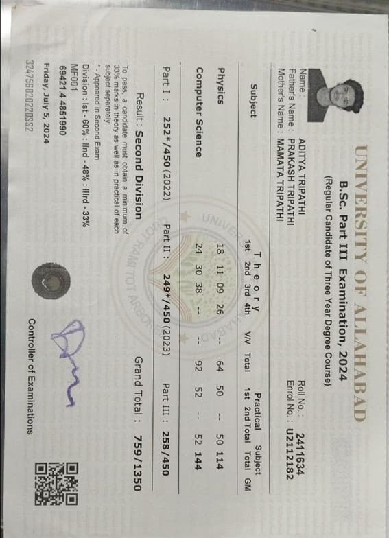 Verified degree or teaching certification of Aditya  