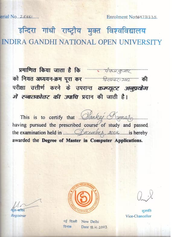 Verified degree or teaching certification of Pankaj 