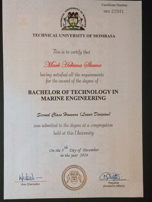Verified degree or teaching certification of Mark Hekima 