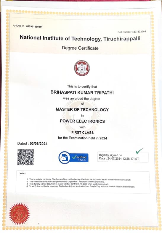 Verified degree or teaching certification of Brihaspati 