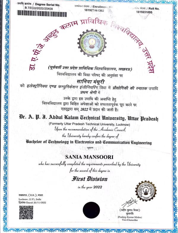 Verified degree or teaching certification of Sania 