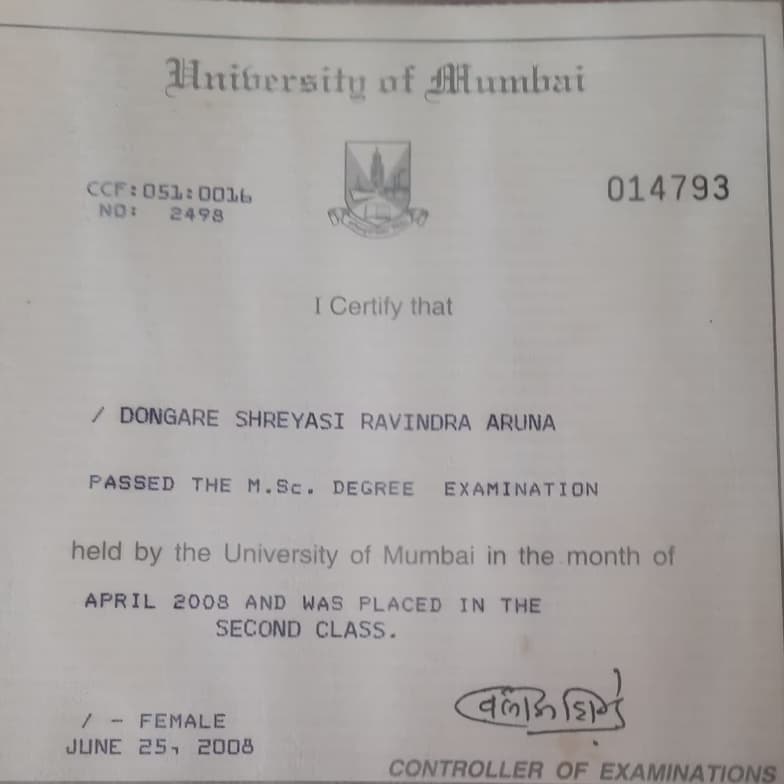 Verified degree or teaching certification of Shreyasi 
