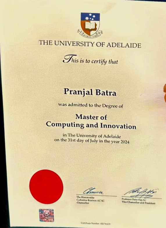 Verified degree or teaching certification of Pranjal 