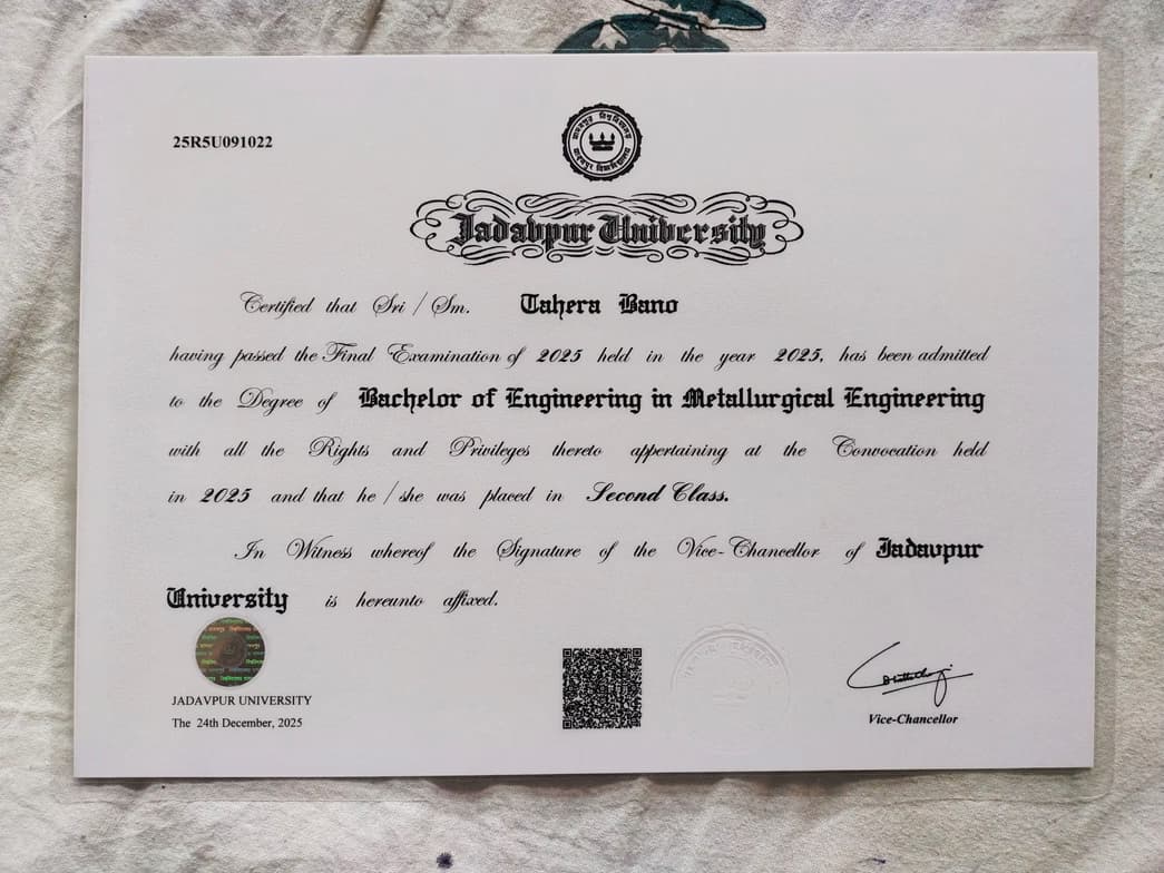 Verified degree or teaching certification of Tahera 