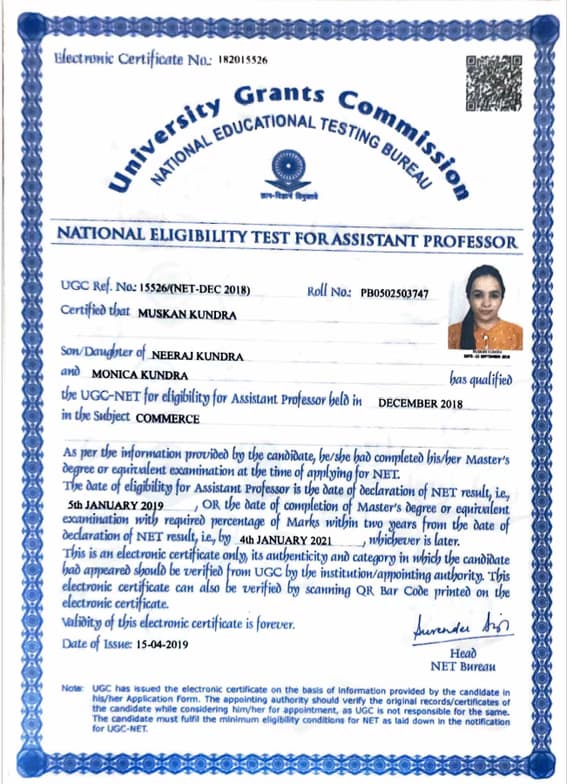 Verified degree or teaching certification of Muskan  