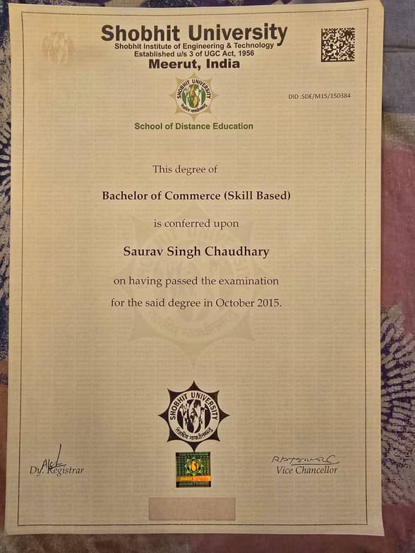 Verified degree or teaching certification of Saurav Singh 