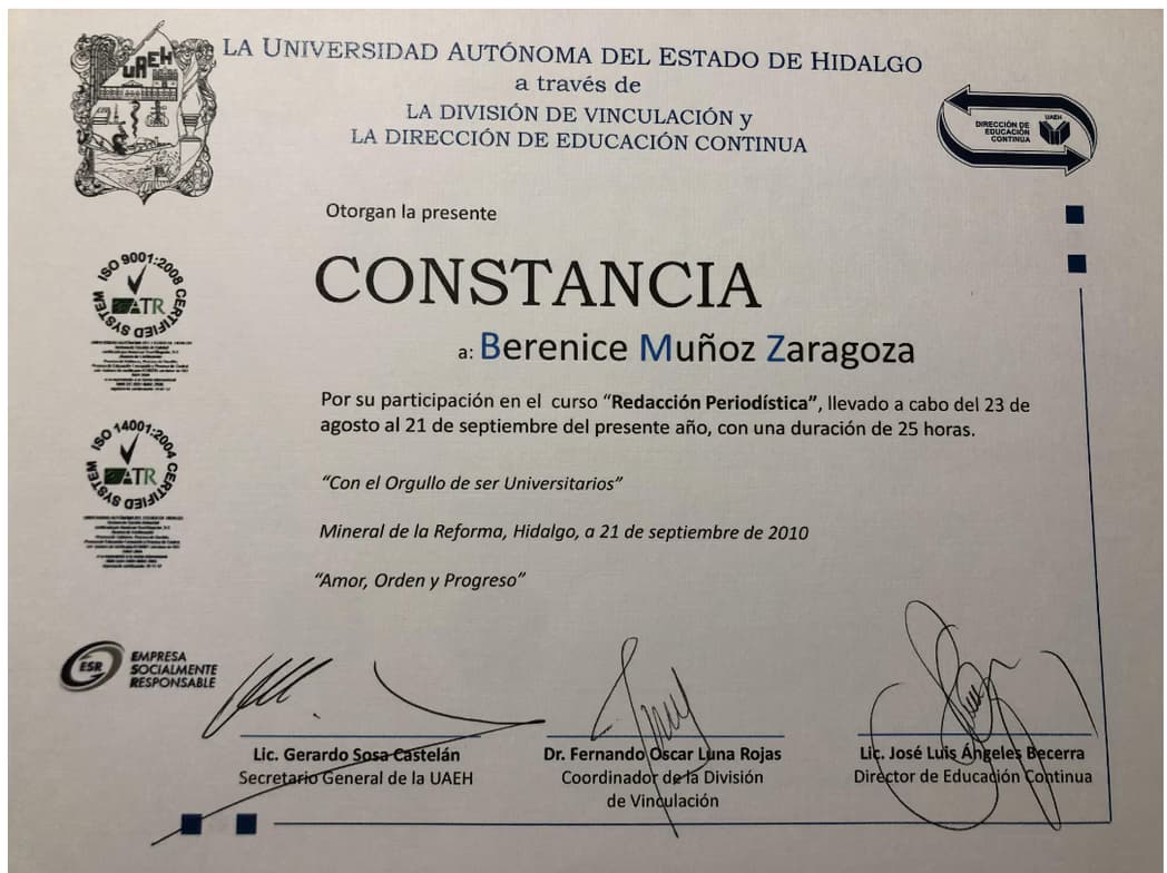 Verified degree or teaching certification of Berenice 