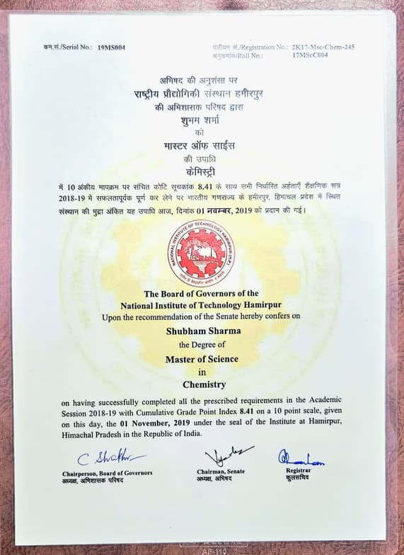 Verified degree or teaching certification of Shubham 
