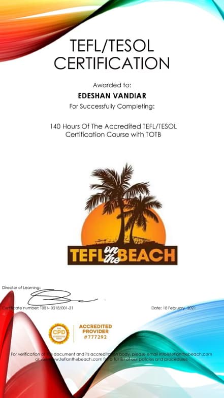 Verified degree or teaching certification of Edeshan 