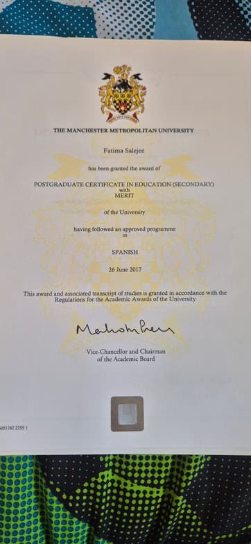 Verified degree or teaching certification of Fatima 