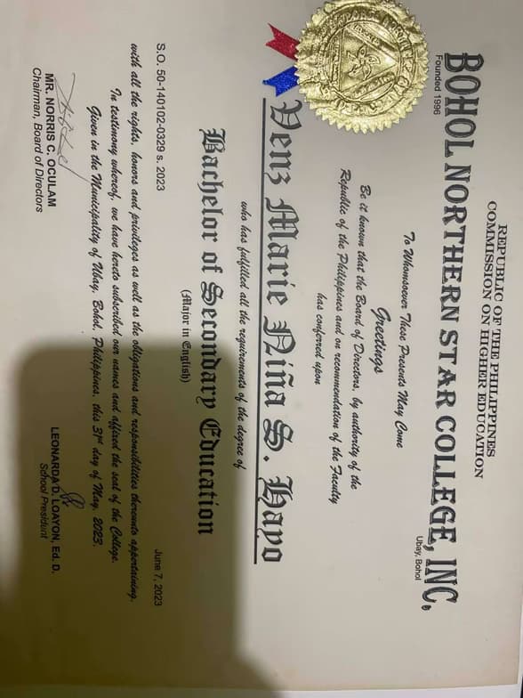 Verified degree or teaching certification of Venz Marie Niña 