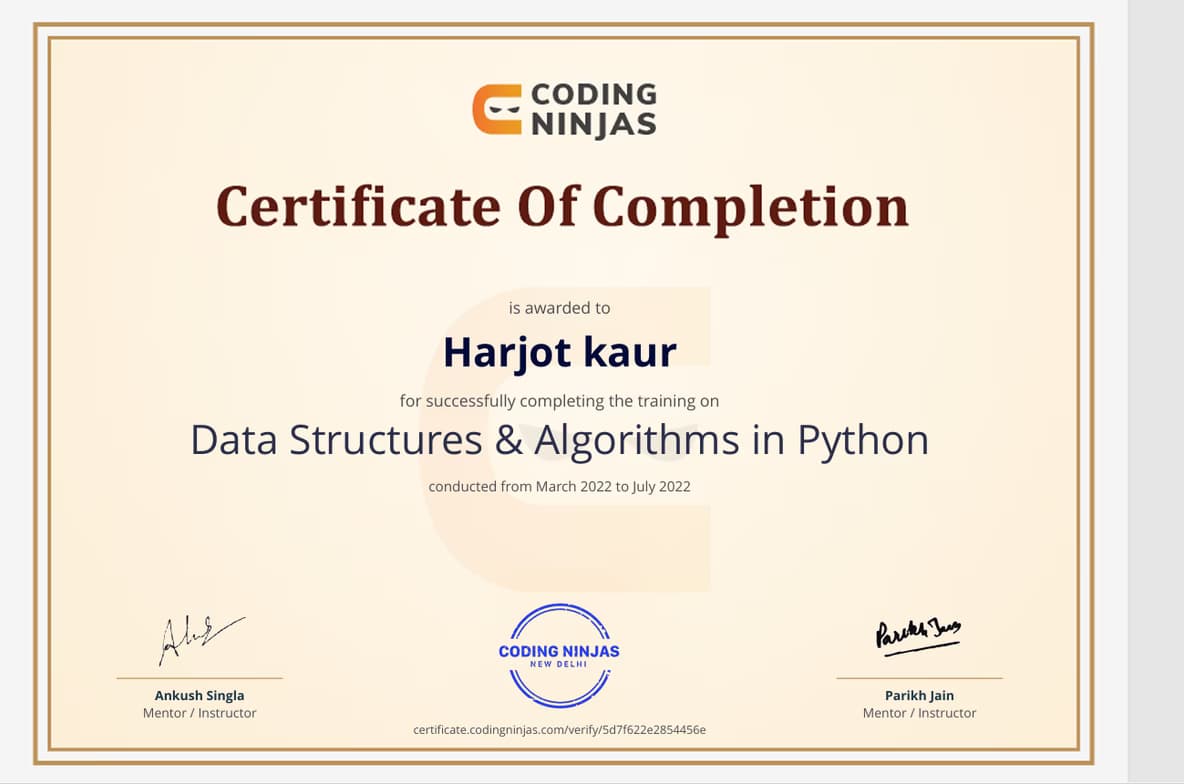 Verified degree or teaching certification of Harjot  