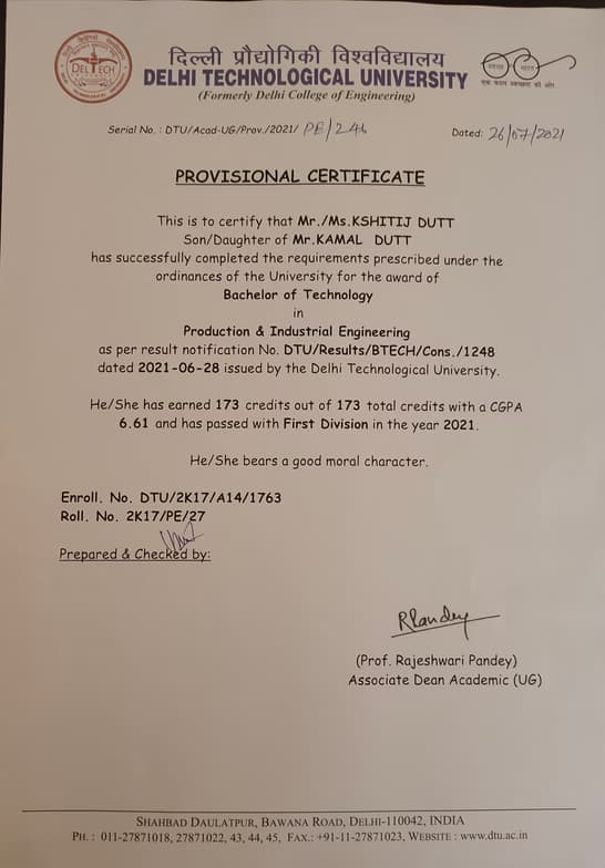 Verified degree or teaching certification of Kshitij  
