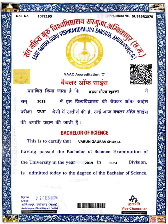Verified degree or teaching certification of Varun 