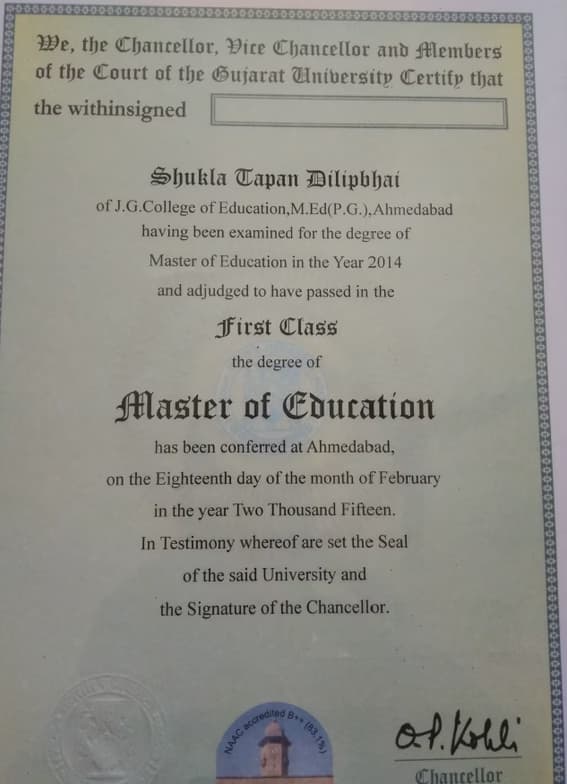 Verified degree or teaching certification of TAPAN 