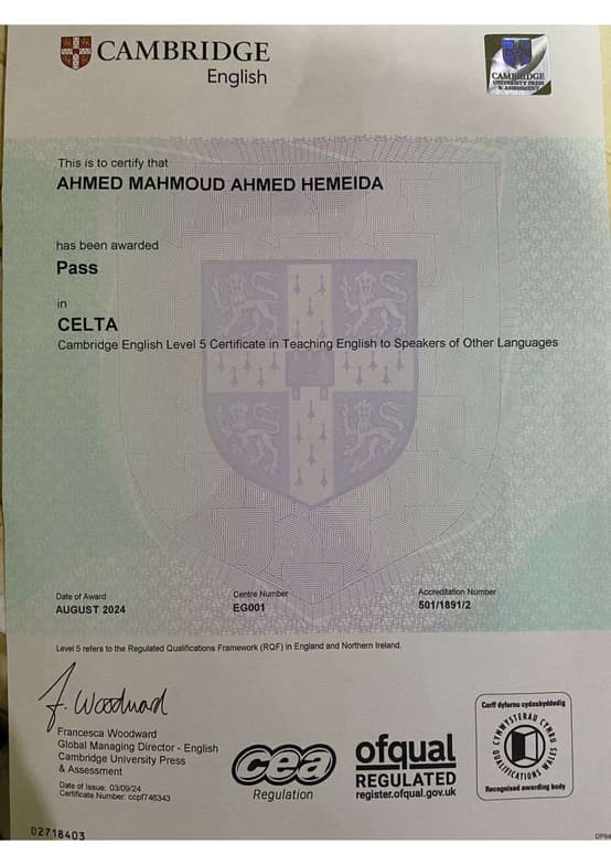 Verified degree or teaching certification of Ahmed 