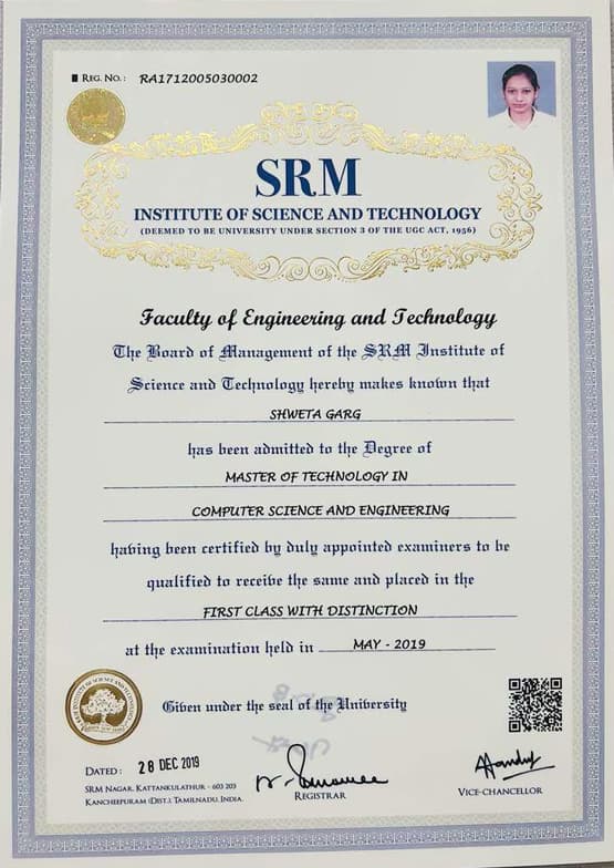 Verified degree or teaching certification of Shweta 