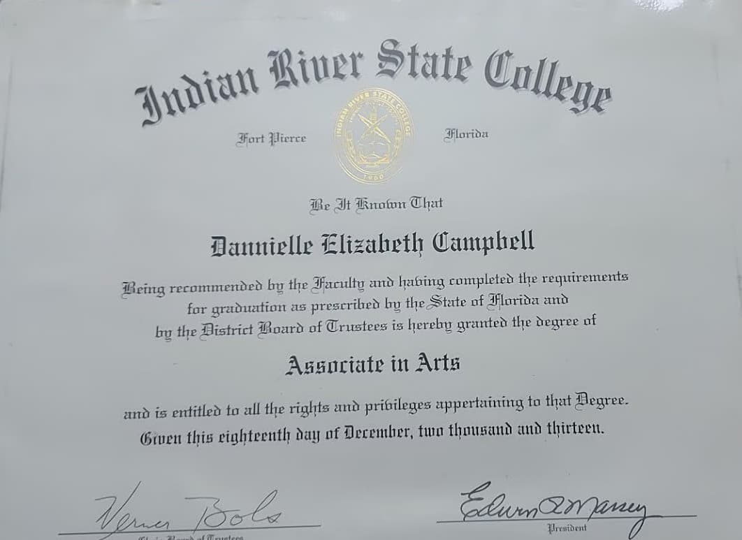 Verified degree or teaching certification of Dannielle 