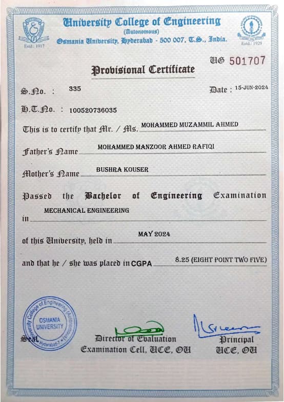 Verified degree or teaching certification of Mohammed Muzammil  
