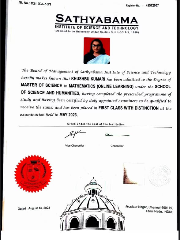 Verified degree or teaching certification of Khushbu 