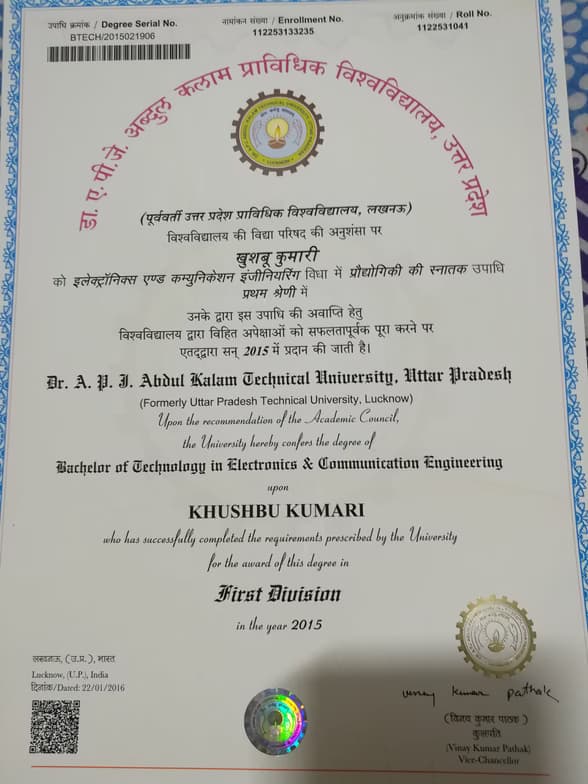 Verified degree or teaching certification of Khushbu 