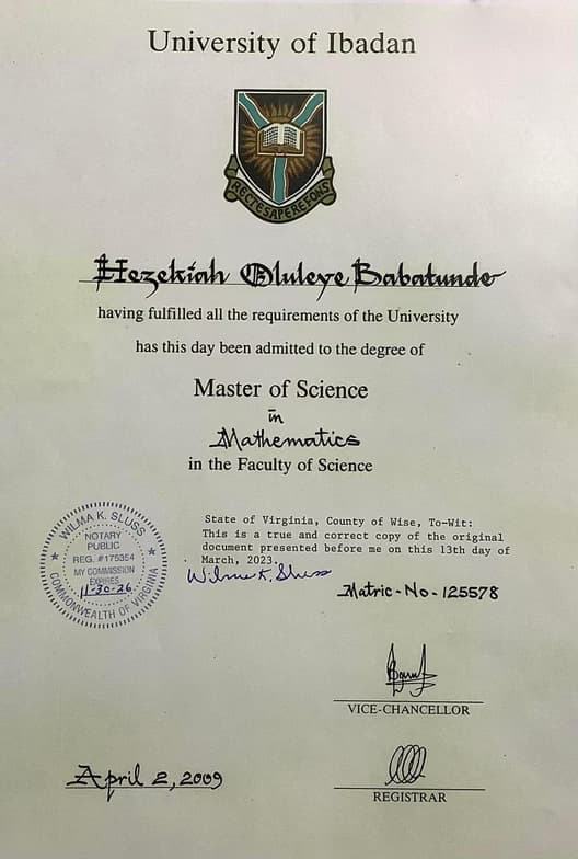 Verified degree or teaching certification of Oluleye 