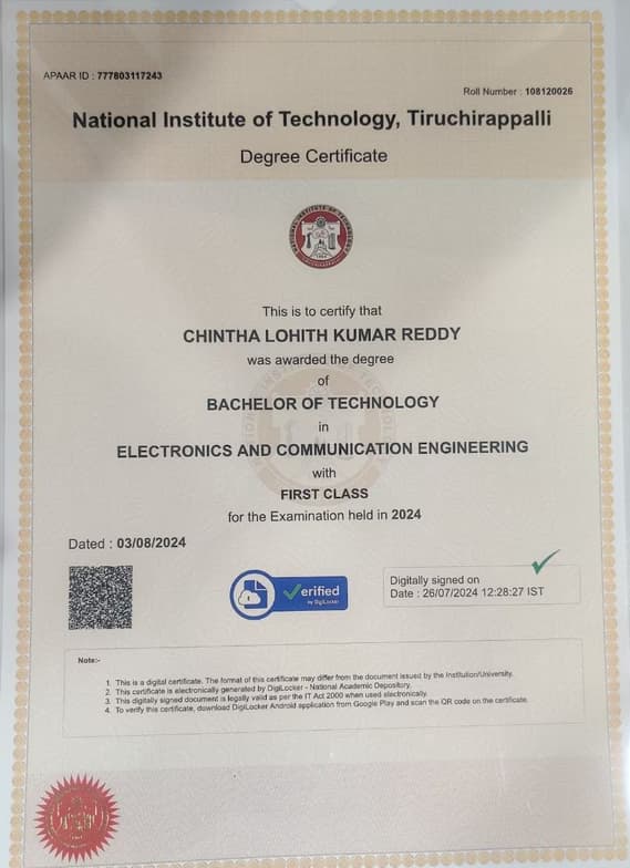 Verified degree or teaching certification of Chintha Lohith 