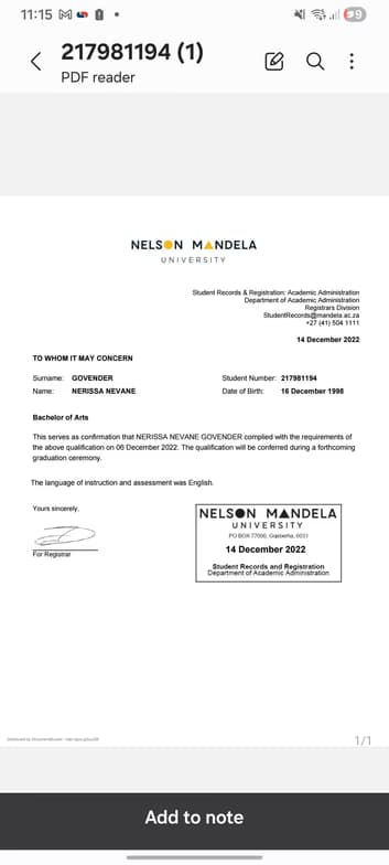 Verified degree or teaching certification of Nerissa 