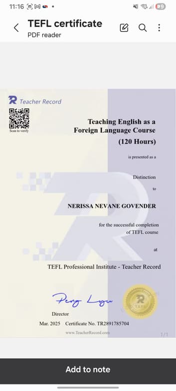 Verified degree or teaching certification of Nerissa 