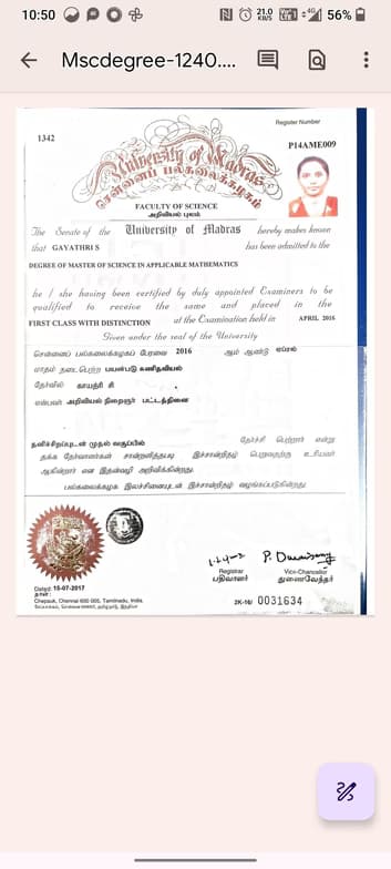 Verified degree or teaching certification of Gayathri 