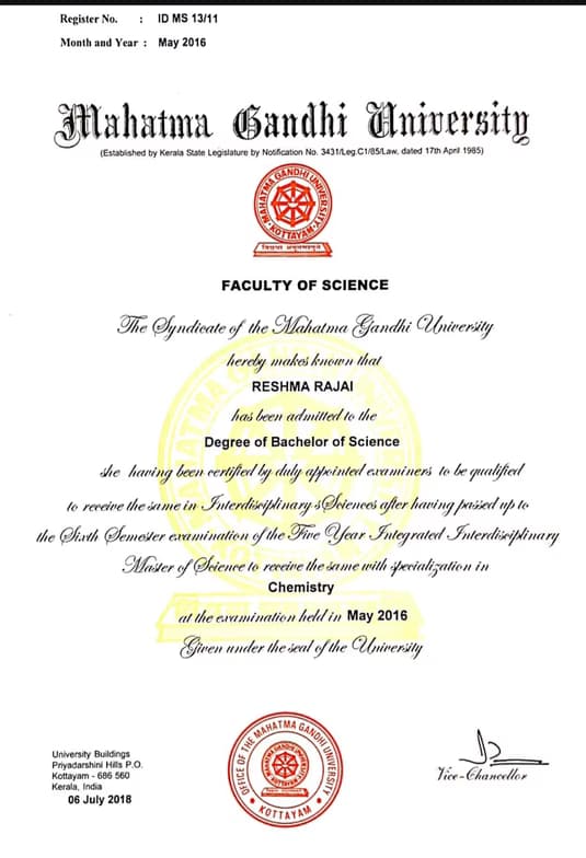 Verified degree or teaching certification of Reshma  