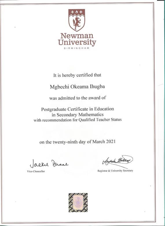 Verified degree or teaching certification of Mgbechi 