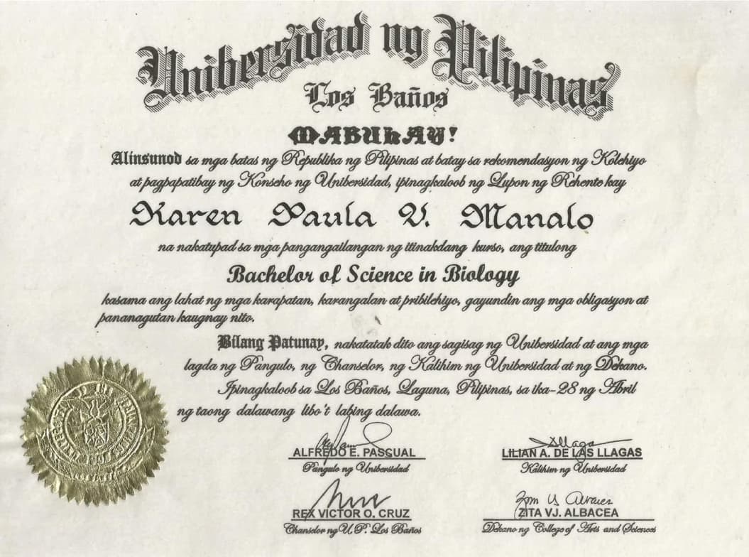 Verified degree or teaching certification of Karen Paula 