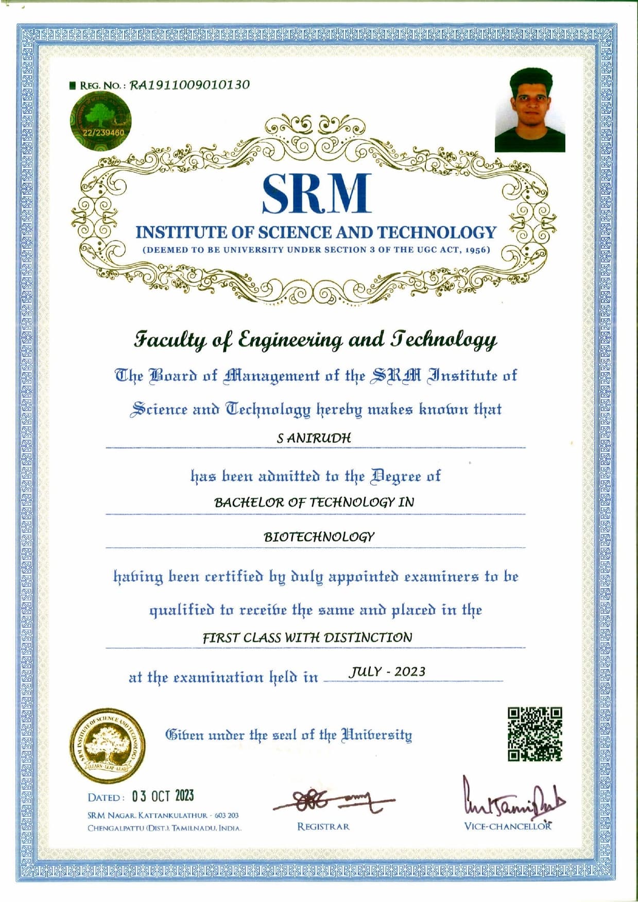 Anirudh graduated from SRM Institute of Science & Technology