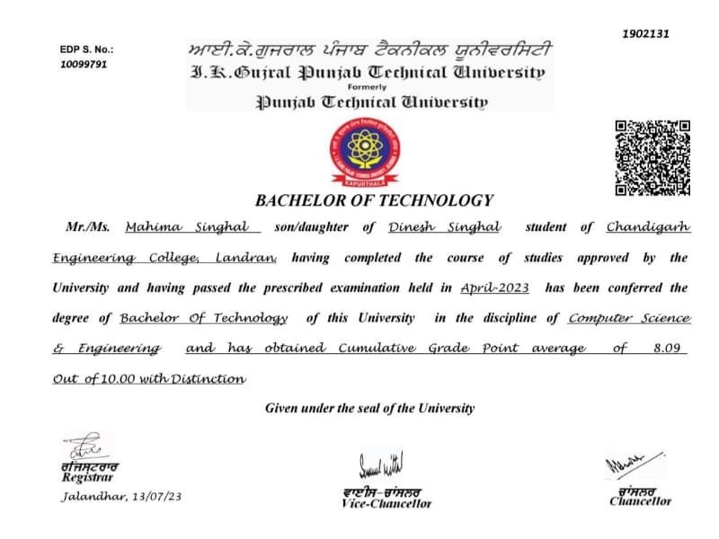 Mahima graduated from Chandigarh Group of Colleges, Landran