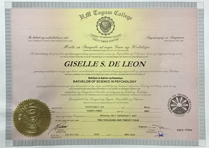 Giselle graduated from University of Mindanao