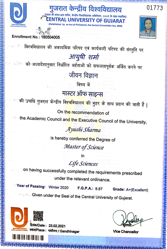 Ayushi graduated from Central University of Gujarat