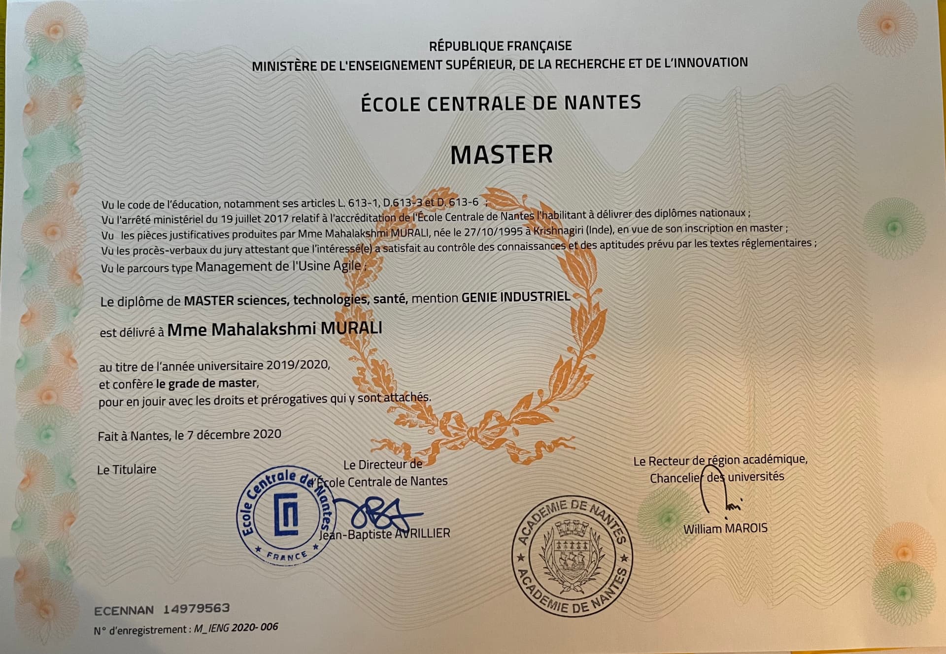Mahalakshmi graduated from Ecole Centrale de Nantes